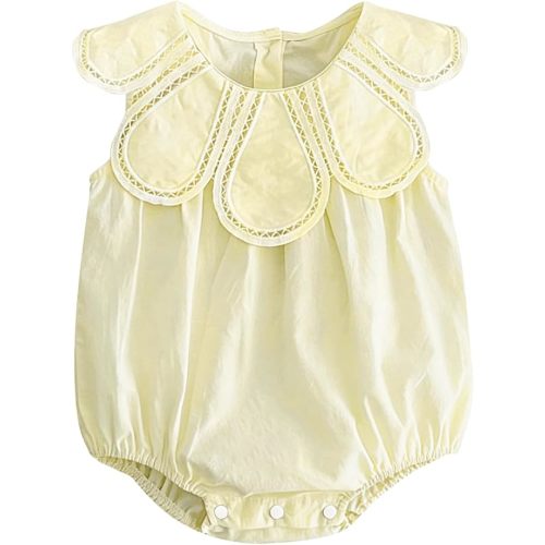 Baby Girl Petal Collar Romper, Cotton Sleeveless Ruffle Bodysuit for Newborn Infant, Vintage Lace Trim One Piece