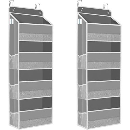 2 Pack Over The Door Organizer, Hanging Storage Organizer with Clear Window, 40lb Ultra Sturdy Large Capacity Room Organizer for Pantry Laundry Bathroom Nursery Closet (Grey)