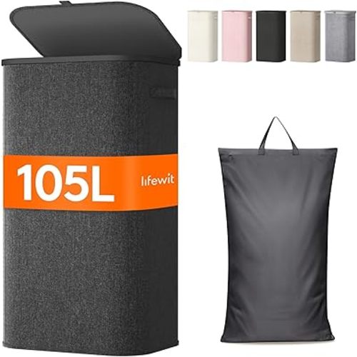 Lifewit 105L Laundry Basket with Lid, Large Laundry Hamper with Plastic Handles and Removable Bag, Foldable Tall Dirty Clothes Hampers for Laundry for Laundry Room, Bedroom, Bathroom, Dorm, Dark Gray