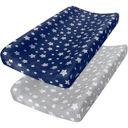 Changing Pad Cover for Boys Girls 2 Pack, Lovely Print Soft Unisex Diaper Change Table Sheets, Fit 32"x16" Contoured Pad, Comfy Cozy 2-Pack Cradle Sheets, Grey & Navy