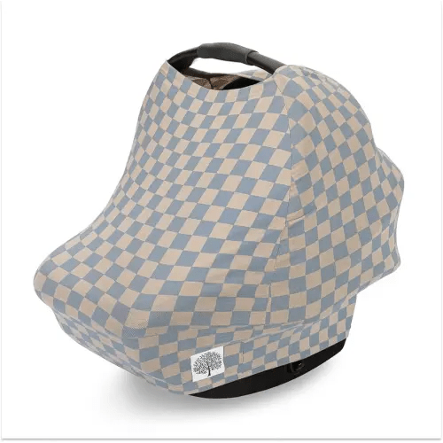 Parker Baby 4 in 1 Car Seat Cover for Girls and Boys - Stretchy Carseat Canopy, Nursing Cover, Grocery Cart Cover, High Chair Cover - "Stormy Blue Checker"