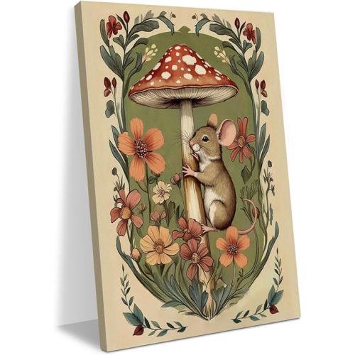 Rustic Mushroom Mouse Painting Nursery Wall Decor Cozy Vintage Art Framed Prints Canvas Wall Art Countryside Botanical Floral for Living Room Boys Girls Bedroom Office Wall Decorations 11.5X14.5 Inch