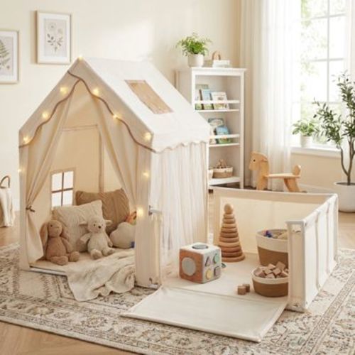2-in-1 Kids Play Tent and Playard Toddler Playhouse Beige