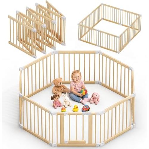 Foldable Wooden Baby Playpen, Adjustable Multi-Shape Play Yard 50x50x23.6in