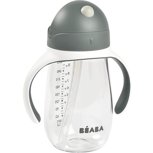 Beaba Straw Sippy Cup, Toddler Baby Straw Cup with Removable Handles, Leak and Spill Proof, BPA Phthalate Free, 8+ Months, 10 oz, Charoal