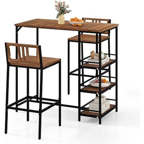 Tangkula Outdoor Wood Bar Set, 3 Pieces Patio Bar Height Table & Chair Set w/ 3-Tier Storage Shelf & Metal Frame, Heavy-Duty Barstool & Table Furniture for Backyard, Poolside (Natural)