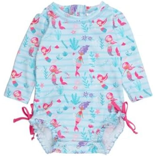 RuffleButts Baby Girls UPF 50+ Sun Protection Floral Printed Long Sleeve One Piece Rash Guard Swimsuit with Zipper