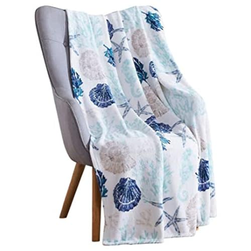 Ocean Life Coastal Throw Blanket: Soft Plush Velvet Fleece Calming Hues of Blues Beige on White, Accent for Sofa Couch Chair Bed or Dorm (Coastal Shells)