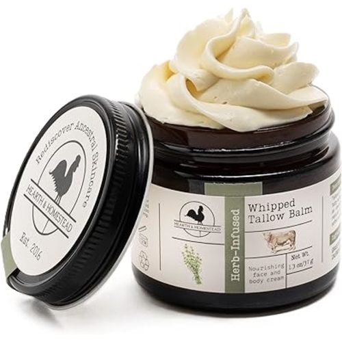 Hearth and Homestead: Handmade Whipped Tallow Balm (Unscented/Herb-Infused) - Organic Body Butter with Infused Olive Oil, for Eczema, Rosacea, Baby - 1.3 oz