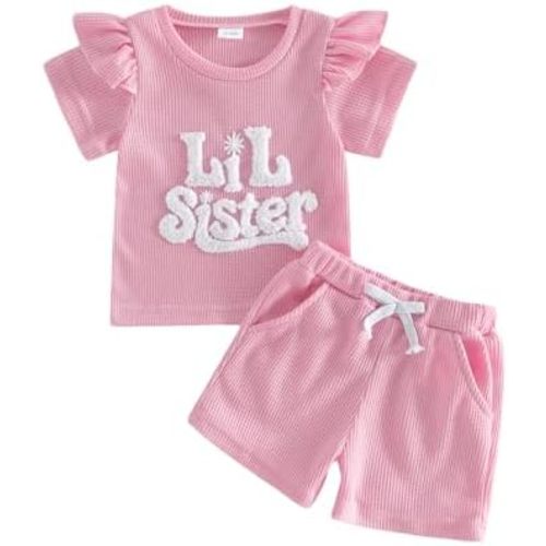 Toddler Baby Sister Brother Matching Outfit Big Sister&Lil Brother Embroidery Waffle Knit Top+Short 2pcs Summer Set