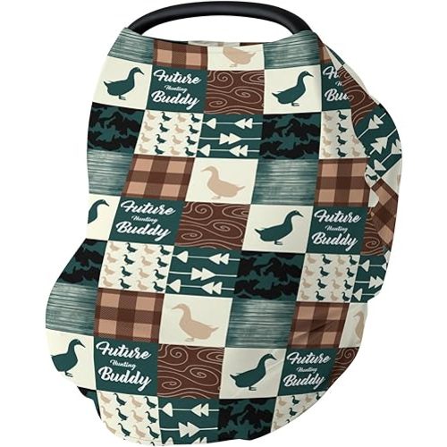 Camouflage Duck Hunting Car Seat Cover for Babies Green Mallard Ducks Plaids Stretchy 5-in-1 Cover Adjustable Car Canopy Cover Wild Ducks Nursery Breathable Nursing Cover-Up