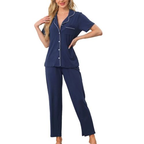 cheibear Women's 2 Pcs Button Down Short Sleeve Shirt and Pants Pajama Set Loungewear Medium Navy