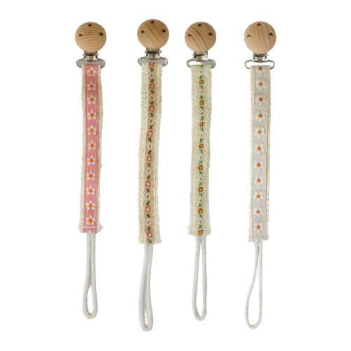 XIRQI 4Pcs Pacifier Clip Embroidered Cotton Linen BPA Free Binky Holder Anti Drop Teething Toy Strap for Stroller Crib