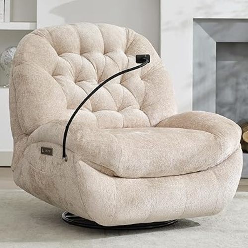 Power Oversized Swivel Rocker Recliner Chair,Large Swivel Rocking Sofa,Recliner Glider Chair with Phone Holder,Chenille Fabric,Beige