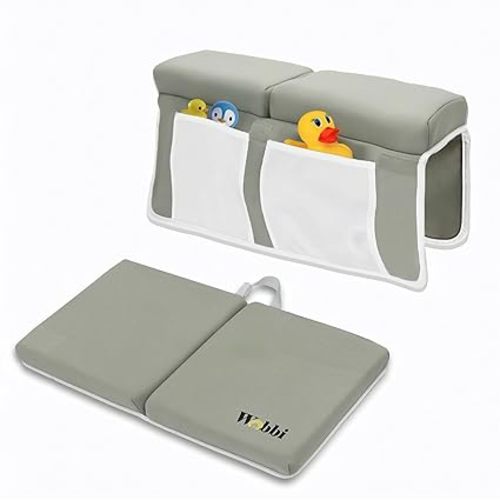 Wobbi Baby Bath Kneeler and Elbow Rest Pad Set - 1.5" Thick Memory Foam Knee Pad for Bathing Babies - 6 Suction Cups Non Slip Bath Kneeling pad with Toy Storage - Foldable & Quick Drying-Grey