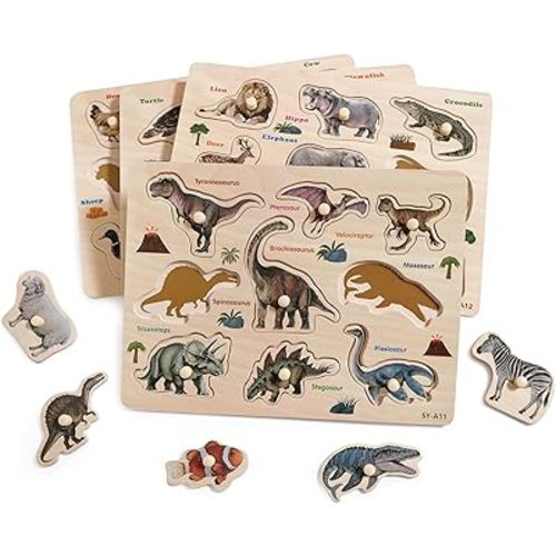 GRINNIE Toddler Animal Puzzle for 3 4 5 Years Old, Montessori Wooden Peg Puzzles Set for Toddlers 2-4, Preschool Education Learning Animals Toy Gift for Boys Girls Birthday Christmas