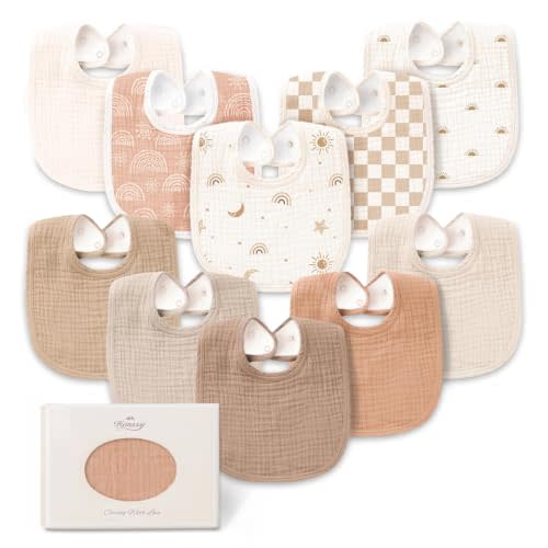 Konssy 10-Pack Muslin Baby Bibs for Drooling and Teething | Soft & Absorbent, Cotton Front with Fleece Backing, Adjustable Fit, Wash Durable, for Boys and Girls Ages 0-36 Months(Camel)