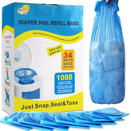 Diaper Pail Refill Bags 34 Pack Fits Arm & Hammer Disposal System | Refill Bags Holds 1088 Baby Diapers, Powerful Odor Control, Tear-resistant, Snap Seal and Toss Pail Refill Trash Bag