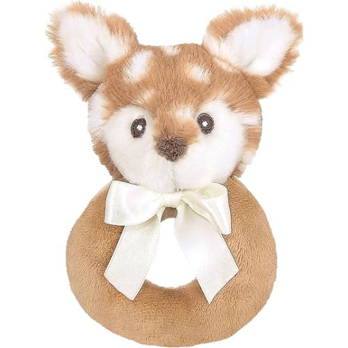 Bearington Collection Baby Lil’ Willow, 5.5 Inch Fawn Plush Stuffed Animal, Soft Baby Rattles and Plush Rings - Newborn Toys
