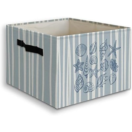 Coastal Beach Seashell Foldable Storage Bins Box with Handles, Meet Me at the Beach Coastal Blue Striped Collapsible Organizer Basket for Bedroom Bathroom Clothes Toys Books