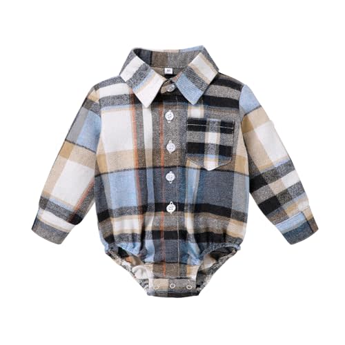HAPPYMA Newborn Baby Boy Girls Plaid Outfit Flannel Romper Tops Infant Long Sleeve Button Down Plaid Casual Bodysuit Clothes