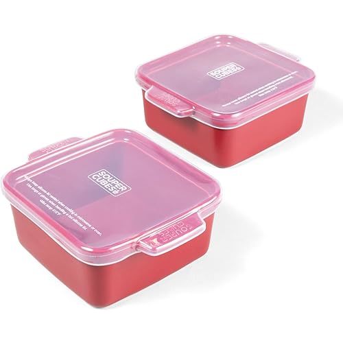 Souper Cubes Stoneware - 5" x 5" Baking Dishes for Oven with Silicone Covers, Premium Mini Ceramic Baking Dishes, Perfect for Reheating Individual Portions in Oven or Microwave, Set of 2 - Cranberry
