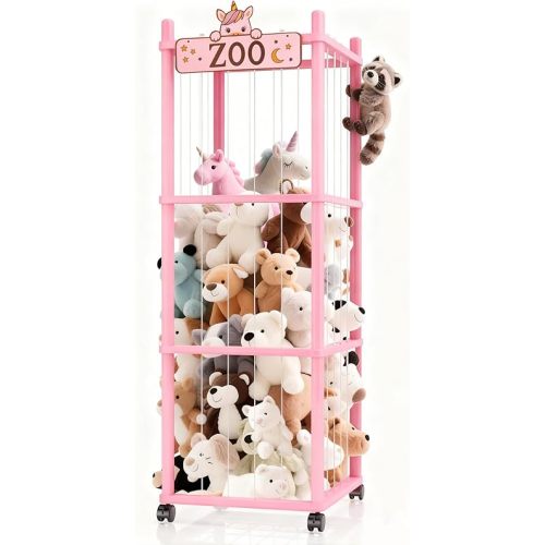 Stuffed Animal Storage Zoo Tower,56In Wooden Large Stuffed Animal Holder Organizer with Wheels,Stuffy Plushies Storage with Elastic Band&Mesh Bottom,Toy Organizers for Playroom Nursery（Pink）