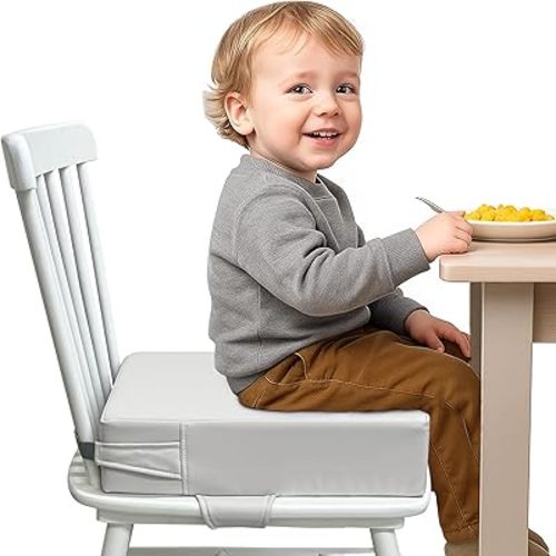 Toddler Booster Seat for Dining Table – PU Washable Cushion with Double Safe Straps, Non-Slip Bottom, Portable Travel Booster Seat for Toddlers (Grey)