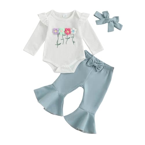 MERSARIPHY Western Baby Girl Clothes Newborn Rib Knit Ruffle Romper Bodysuit Bell-Bottom Pant Set Infant Fall Winter Outfits