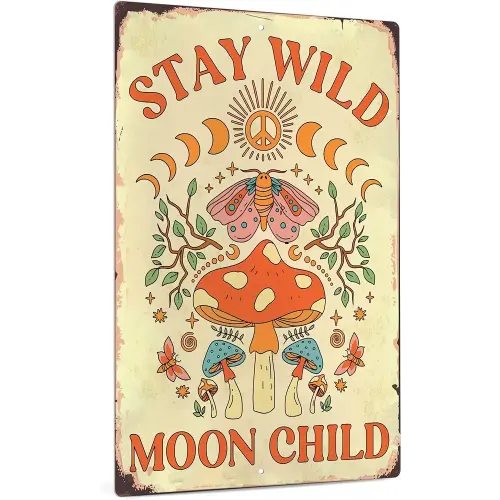 Putuo Decor Stay Wild Moon Child Sign, Retro Mushroom Wall Decor, 12 x 8 Inches Aluminum for Bathroom, Living Room