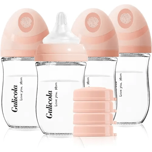 Gulicola Natural Glass Baby Bottle 4 Pack, Newborn Breastfeeding Bottles Set, Extra Slow Flow Nipples (SS), Anti Colic, 0 Months+, 5 oz - Pink