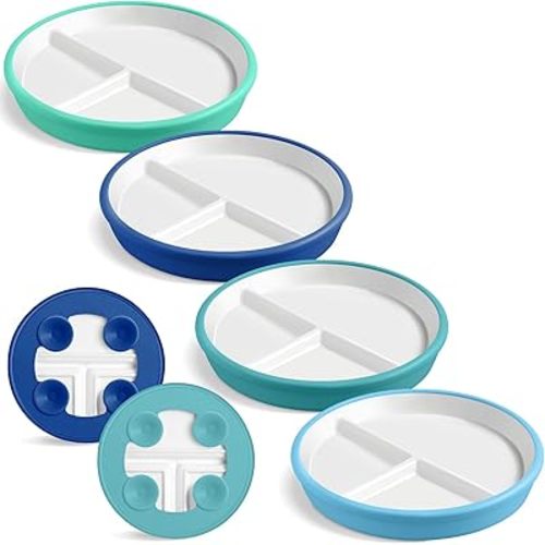 Domensi 4 Sets 8 Inch Kids Porcelain Plates with Silicone Suction Sleeve Antislip White Ceramic Divided Toddler Plates Microwave Dishwasher Safe for Baby Children Feeding Supplies (Green,Blue)