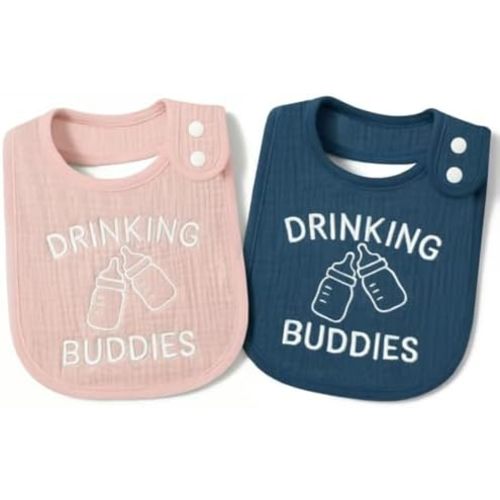 Twin Bibs – Ultra-Soft Cotton Yarn Twin Baby Bibs - 'Drinking Buddies' Design, High Absorbency, Perfect Infant Gift
