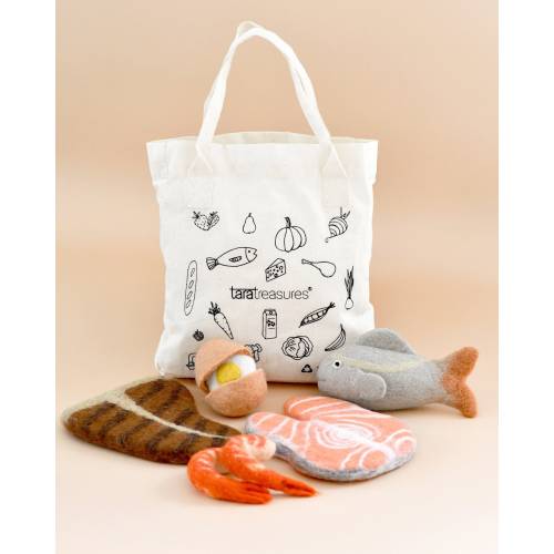 Felt Food Groups Set | Protein Felt Play Food | Felt T-Bone Steak, Felt Salmon Slice, Felt Shrimps Prawns, Felt Egg in Cotton Market Bag