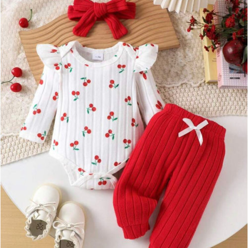 2pcs Baby Girls' Cute Soft Cherry Pattern Long Sleeve Bodysuit + Red Pants Set, Autumn/Winter | SHEIN USA