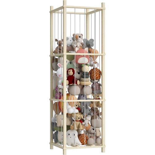 DonYoung Solid Pine Stuffed Animal Storage, 56 Inch Extra-Wide & High Open Toy Organizer, Natural Wood Slat with Whole Rope Design, Hand-Polished Kids' Plush Tower for Playroom Bedroom