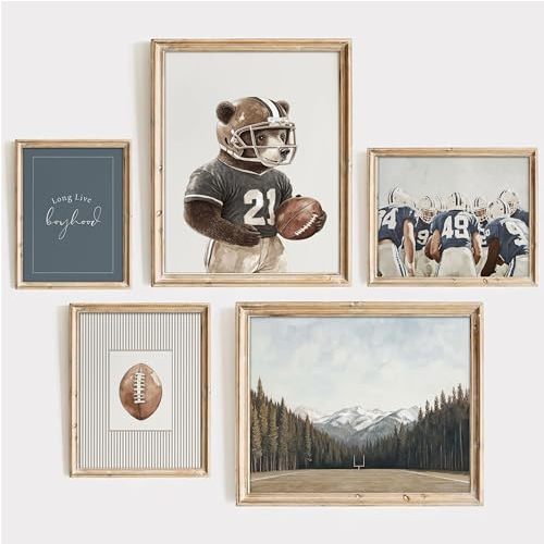 SYZPIKU 5Pcs Vintage Sports Nursery Wall Art Football Sports Wall Decor Teddy Bear Team Field Posters Vintage Boys Room Pictures for Teen Room Home Decor Unframed