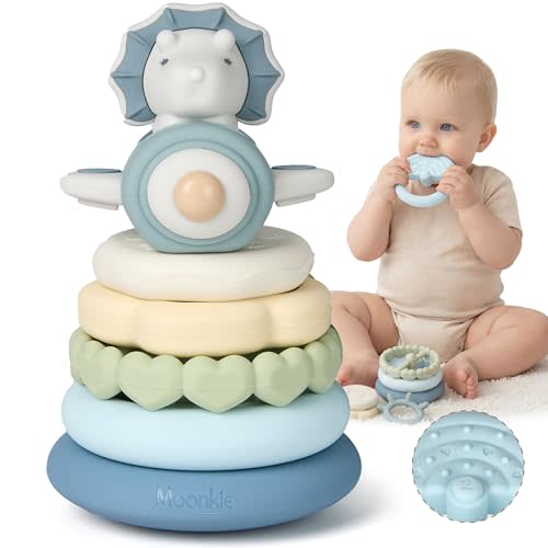 Moonkie Dinosaur Baby Stacking Toys | 7-Piece Silicone Rings for Teething Relief | Educational Toy for Infants & Toddlers 6 Months+ | Baby Shower or Birthday Gift for Boys