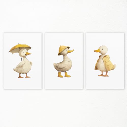 Duck Nursery Canvas Wall Art, Funny White Duck Poster, Adorable Animal Baby Room Print, Cute Yellow Picture Wall Decor for Kids Room, Set of 3 Yellow Rain Gear Duck Art for Playroom 8x12in Unframed