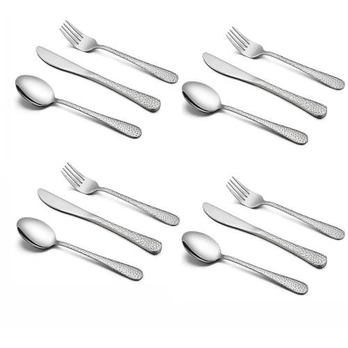 "Vesteel 12-Piece Kids Silverware Set, Stainless Steel Flatware, Hammered Design, 6"" Fork Spoon Knife"