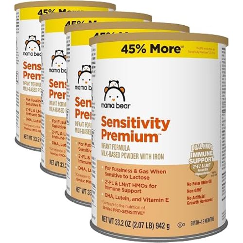 Amazon Brand - Mama Bear Sensitivity Premium Infant Formula Powder with Iron, Dual HMOs for Immune Support, Non-GMO, for Fussiness and Gas from Lactose Sensitivity, 33.2 Ounce (Pack of 4)