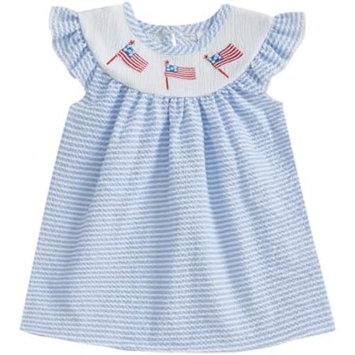 Toddler Baby Girl 4th of July Dress US Flag Plaid Short Sleeve Smocked Dresses Fourth of July Outfit for Girls
