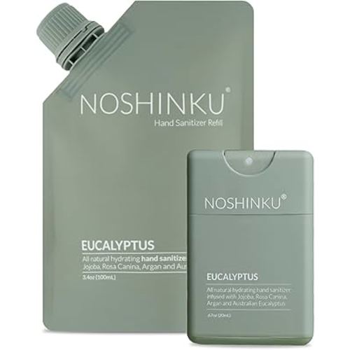 Noshinku Eucalyptus Pocket Hand Sanitizer Refill Kit: Refill Pouch + Sprayer Bundle | Organic Antibacterial Sanitizing Mist with Moisturizing Oils | FDA Registered | 70% Sugarcane Derived Alcohol