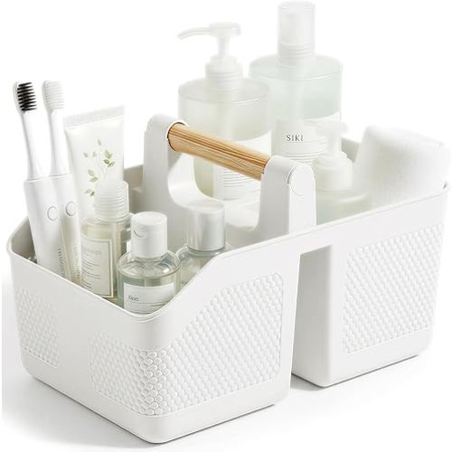rejomiik Shower Caddy Portable with Bamboo Handle, Plastic Basket Cleaning Caddy Organizer Storage Tote for Bathroom, College, Dorm Room Essentials, White