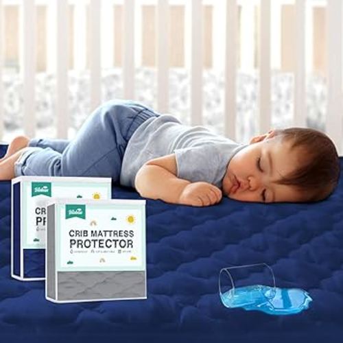 2 Pack Crib Mattress Protector Sheets Fitted Waterproof Crib Mattress Pad Cover, Noiseless & Machine Wash 100% Absorbent Toddler Mattress Protector Sheet Quilted, Gray&Navy, 52" x 28"