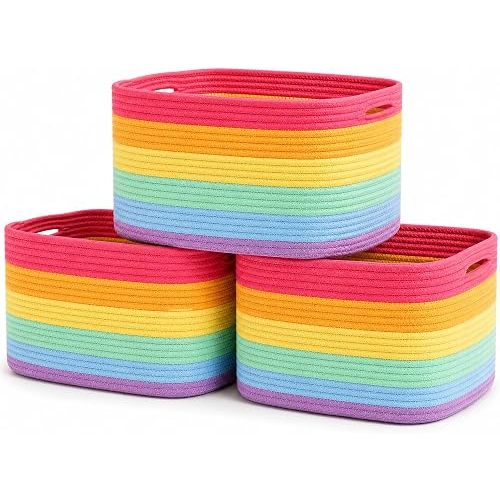 OrganiHaus Rainbow Cotton Rope Baskets for Shelves, Set of 3 - 15"×10"×9½" - Colorful Storage Baskets for Kids - Nursery, Playroom, Classroom - Toy Storage, Books, Towels
