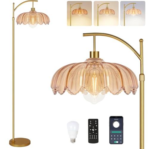 QIYIZM Floor Lamp for Living Room,Bedroom,Gold Dimmable Standing Lamp with Remote,Mid Century Modern Brass Tall Lamp Retro Vintage Glass Lamp Floor Light Boho Bohemian