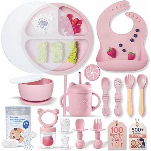 Remonda 23-Piece BPA-Free Silicone Baby Feeding Set | Extra Large Suction Plates, Toddler Bowls, Self Feeding Spoons, and More | Dishwasher Safe| Baby Led Weaning Supplies (Pink)