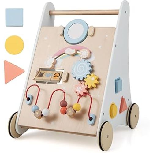 BABY JOY Wooden Baby Walker, 7 in 1 Baby Activity Center Push and Pull Learning Walker w/Mirror, Flip Blocks, Beads Game, Tracking Game, Multi-Activity Infant Toy for 1+ Year Old, Natural
