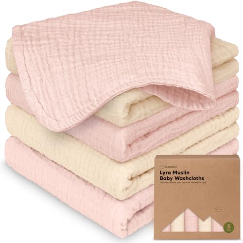 5pk Muslin Baby Washcloths for Newborn, 12x12 Soft Absorbent (Cameo) | Organic Cotton Muslin Wash Cloths for Babies Girl, Boy, Infant, Toddlers, Kids Face Towel,Bath Essentials,Baby Burp Rags
